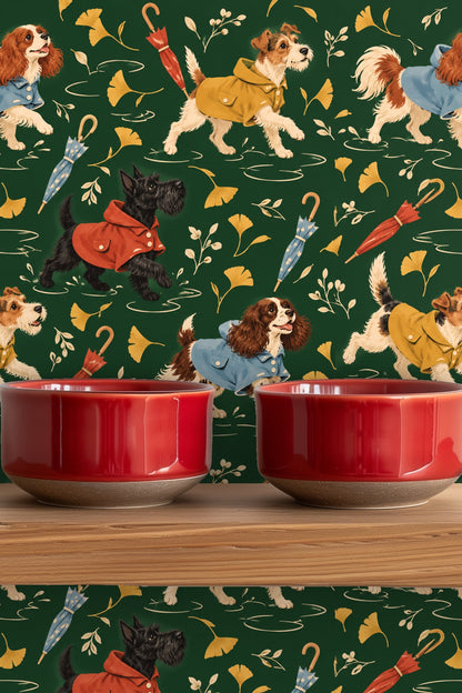 Detail showing orange umbrella motif on green wallpaper background