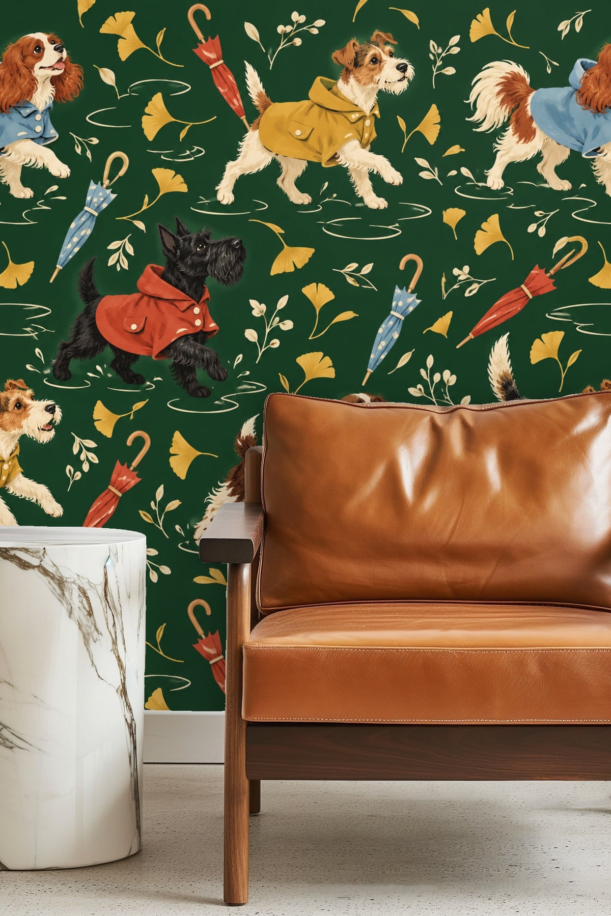 Pattern repetition of dogs in raincoats with scattered leaves