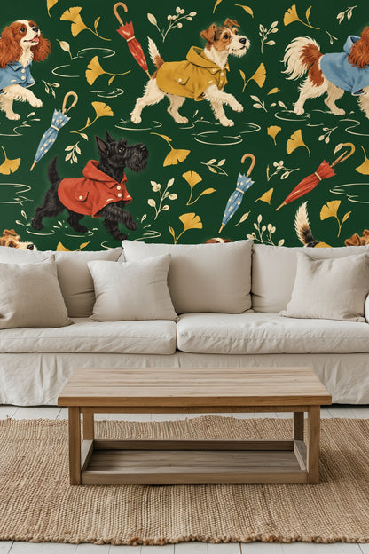 Living room wall featuring wallpaper with dogs in raincoats behind blue velvet couch