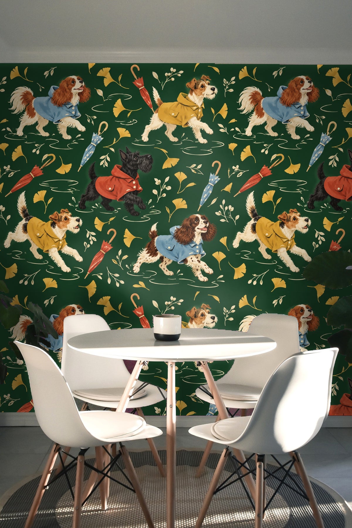 View of wallpaper in laundry room with shelf and folded towels