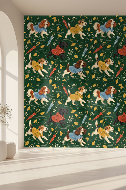 Corner view of wallpaper in living space with blue couch