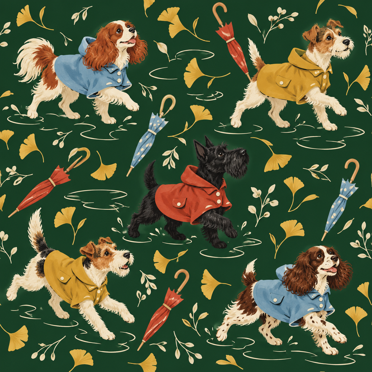 Overall wallpaper texture with playful dog motif and autumnal elements