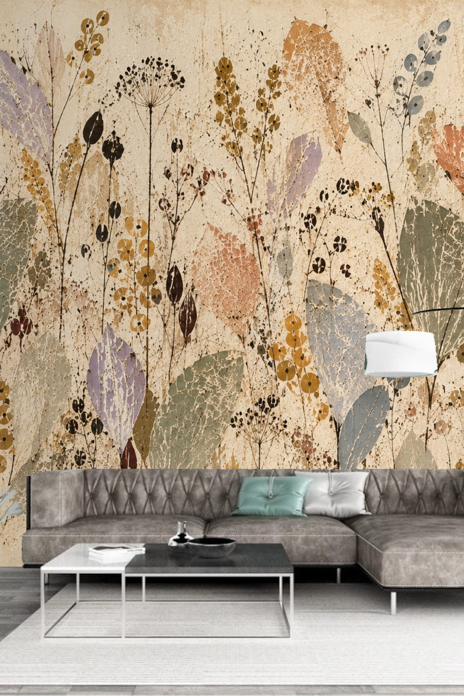 Muted botanical wallpaper with vintage crackle texture in natural color palette