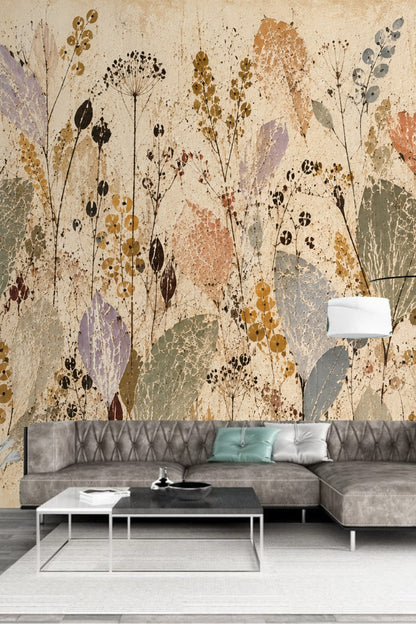 Muted botanical wallpaper with vintage crackle texture in natural color palette