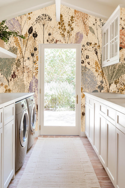 Earth-toned floral wallpaper creating a serene backdrop for study or lounge