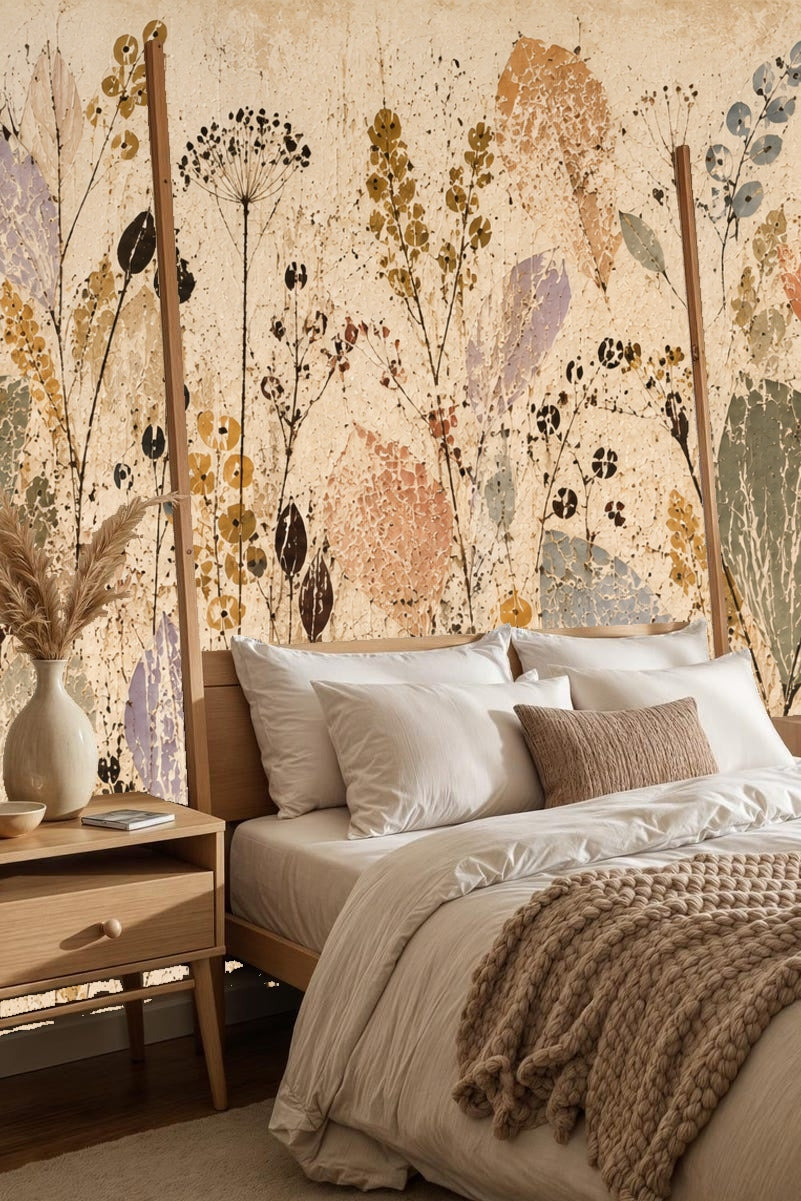 Living room corner featuring Dusk Herbarium wallpaper with pale blue armchair and small white table