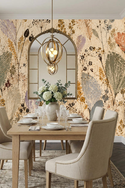 Artful botanical wallpaper scene with overlapping organic shapes and crackled finish