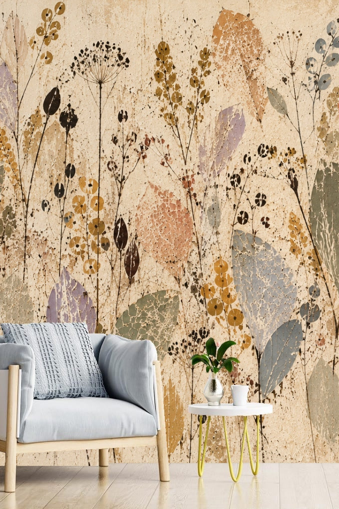 Home office with Dusk Herbarium wallpaper behind desk and light wooden furniture