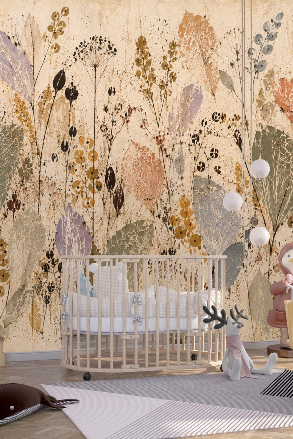 Botanical pattern wallpaper with fine linework and layered foliage in soft hues