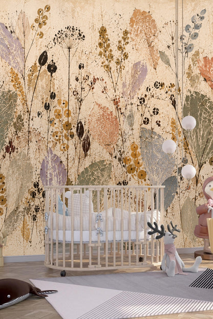 Botanical pattern wallpaper with fine linework and layered foliage in soft hues