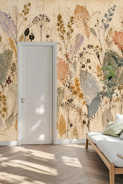 Room setting with soft natural light illuminating textured wallpaper panels