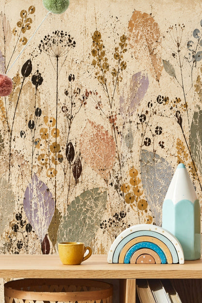 Textured leaf and seed pod wallpaper showing intricate nature-inspired detail
