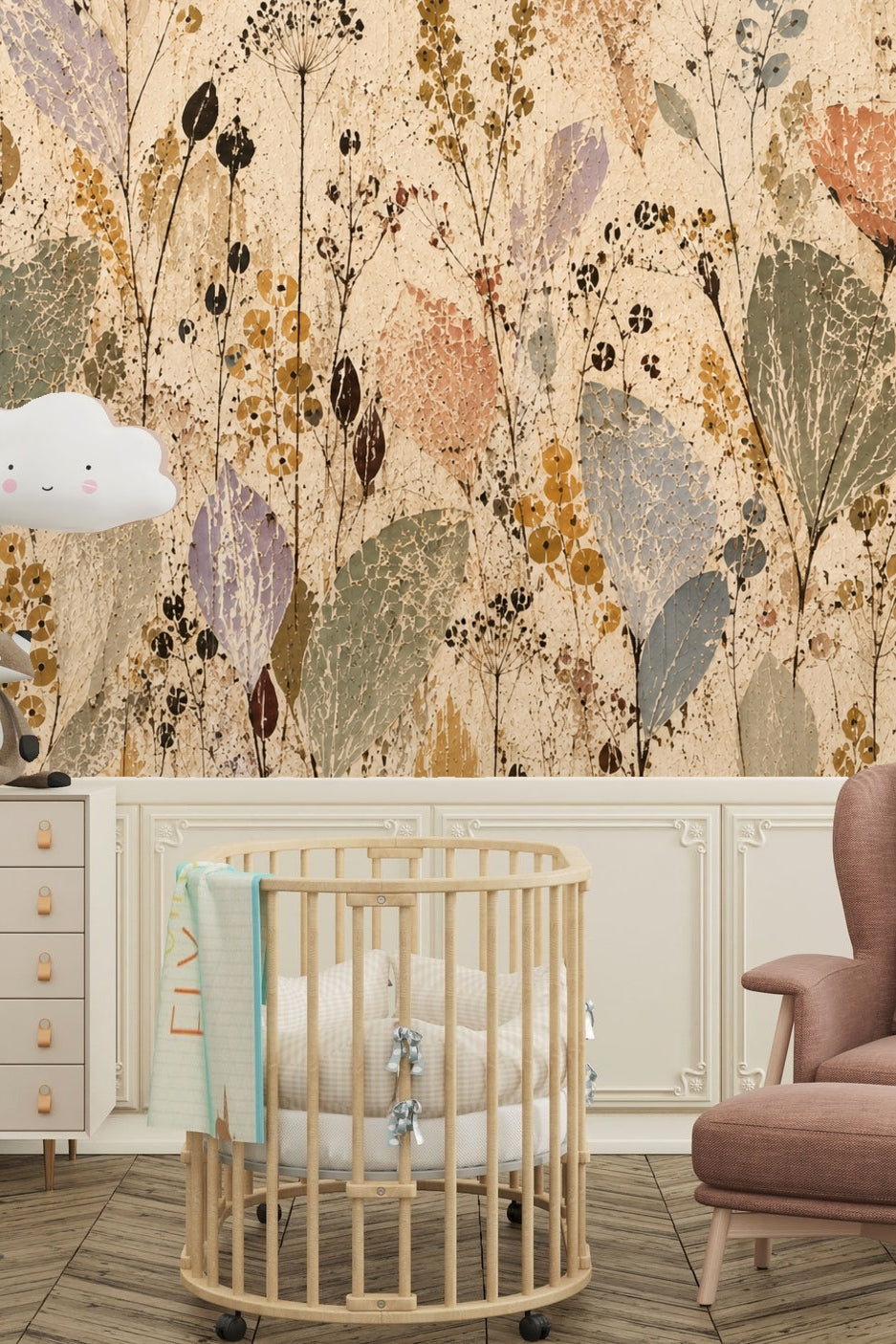Wallpaper pattern detail highlighting slender stem silhouettes and round seed pods