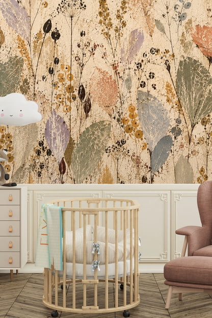Wallpaper pattern detail highlighting slender stem silhouettes and round seed pods