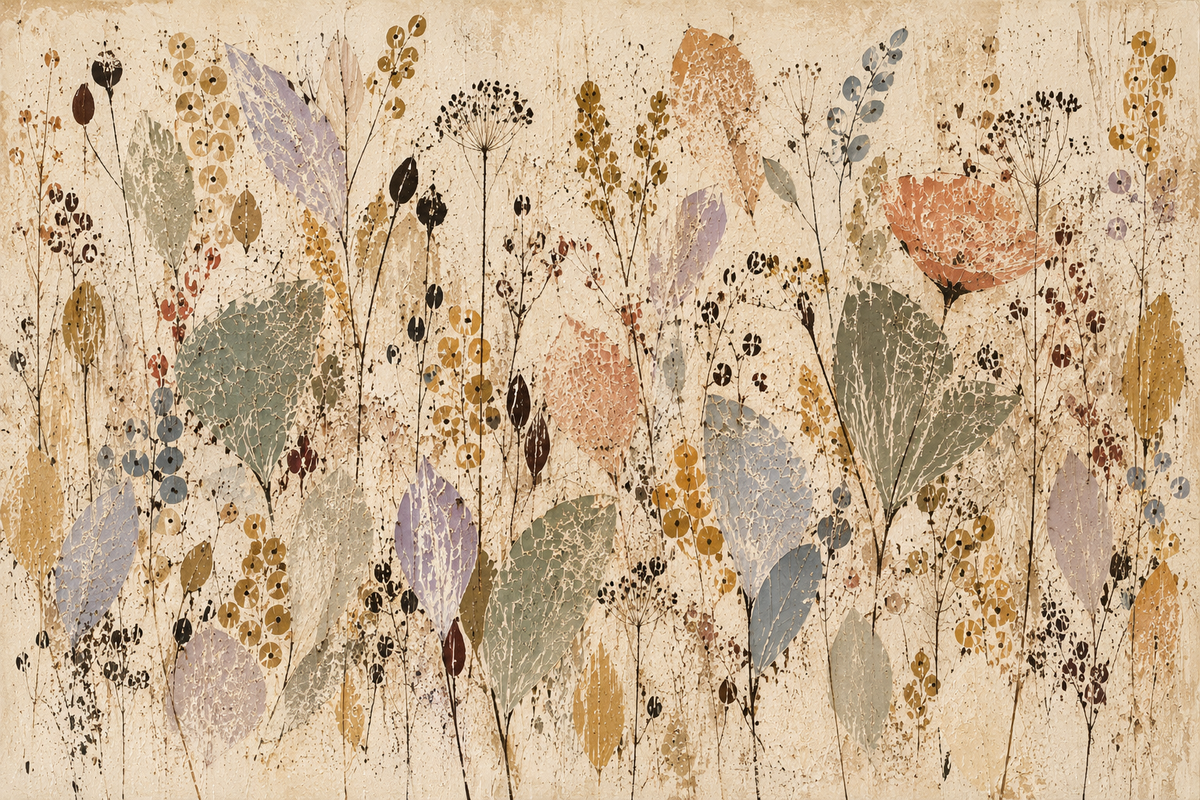 Wallpaper sample highlighting cracked surface and floral composition in calm, muted colors
