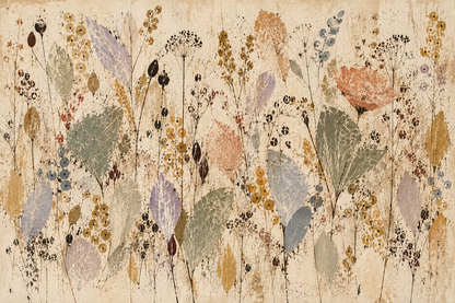 Wallpaper sample highlighting cracked surface and floral composition in calm, muted colors