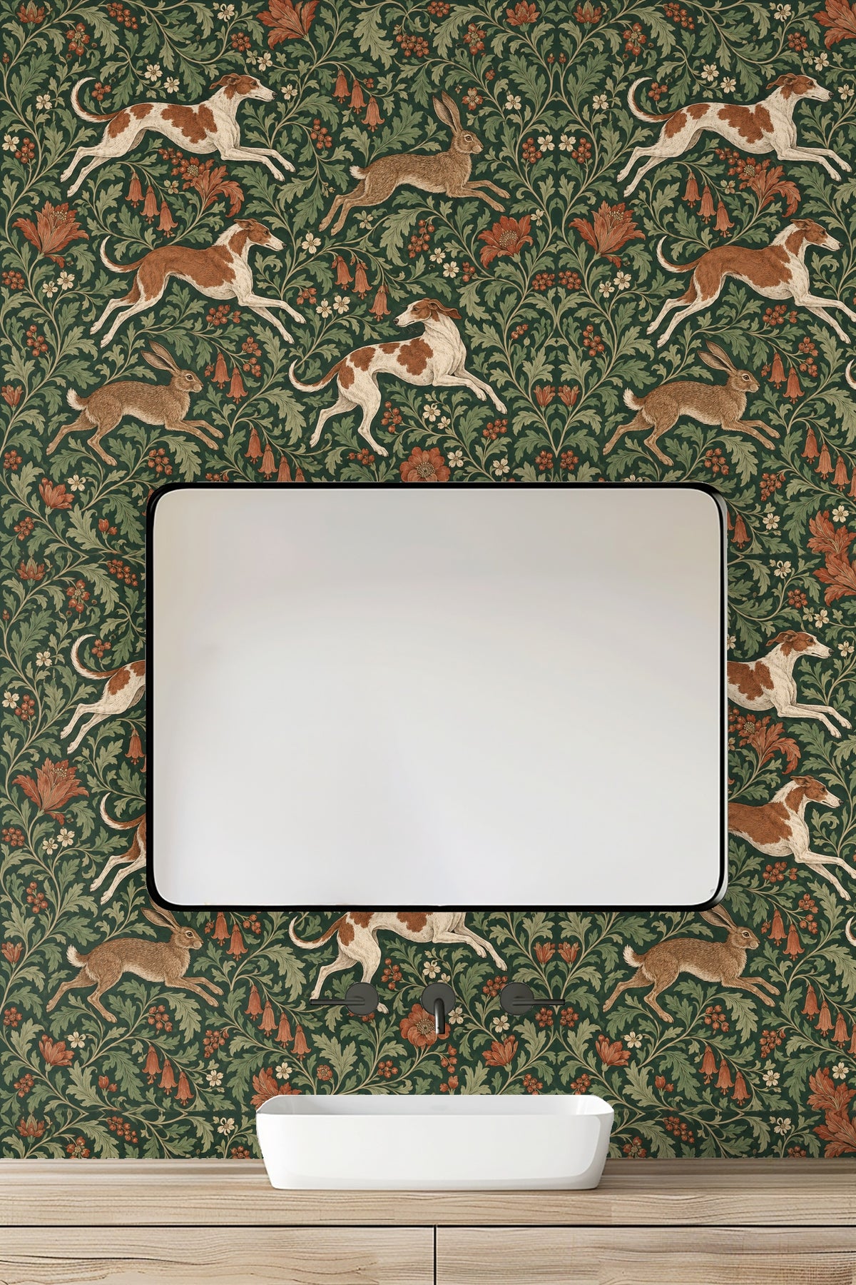 Endless repeating pattern view of hounds and hares with botanical elements