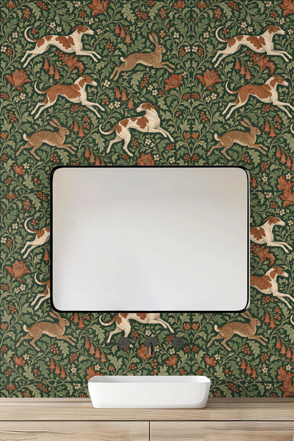 Endless repeating pattern view of hounds and hares with botanical elements