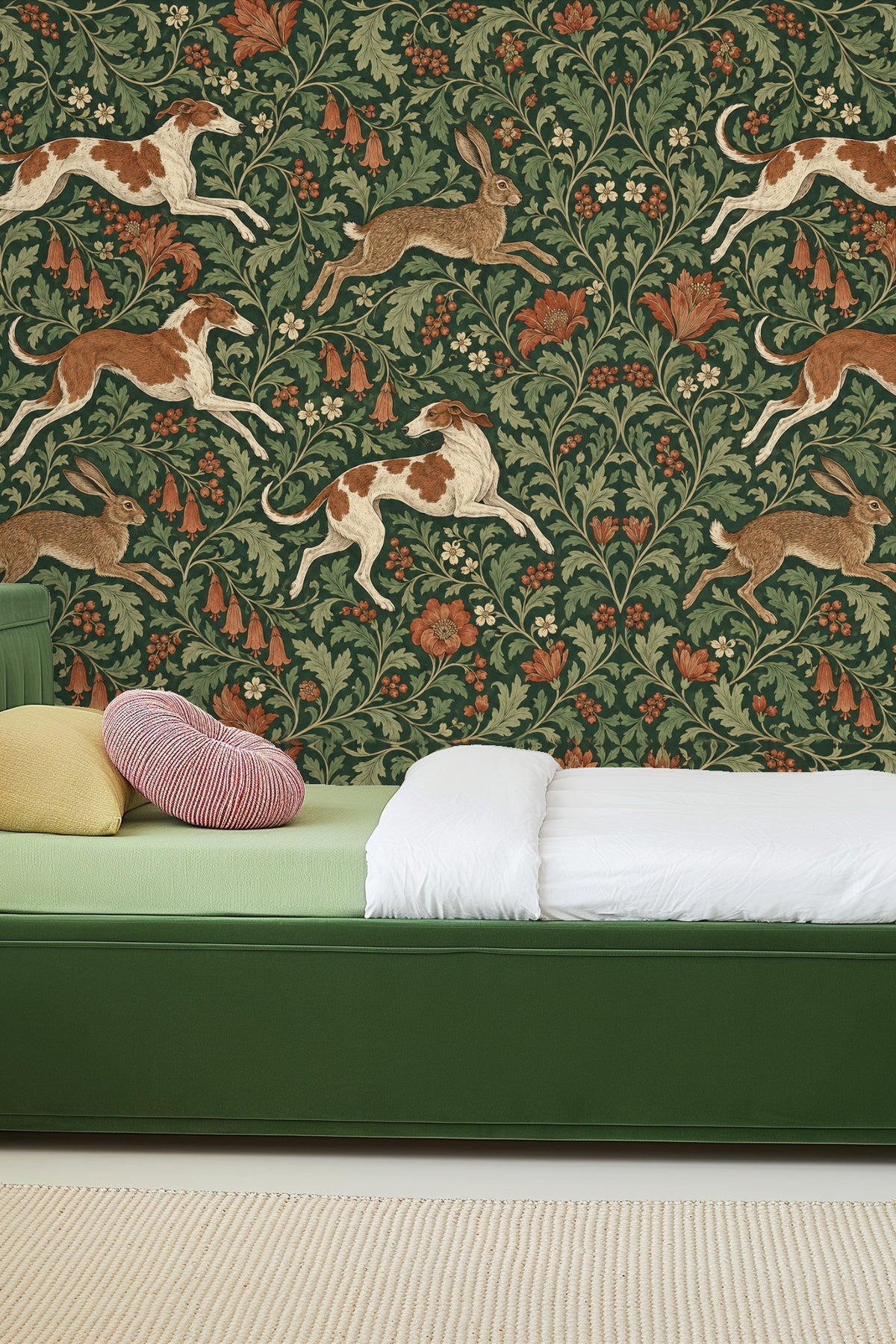 Intricate detailing of foliage leaves in green and cream on wallpaper