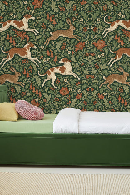 Intricate detailing of foliage leaves in green and cream on wallpaper