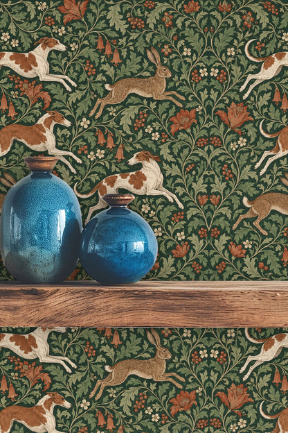 Cluster of rust-colored bell-shaped flowers and berries on wallpaper