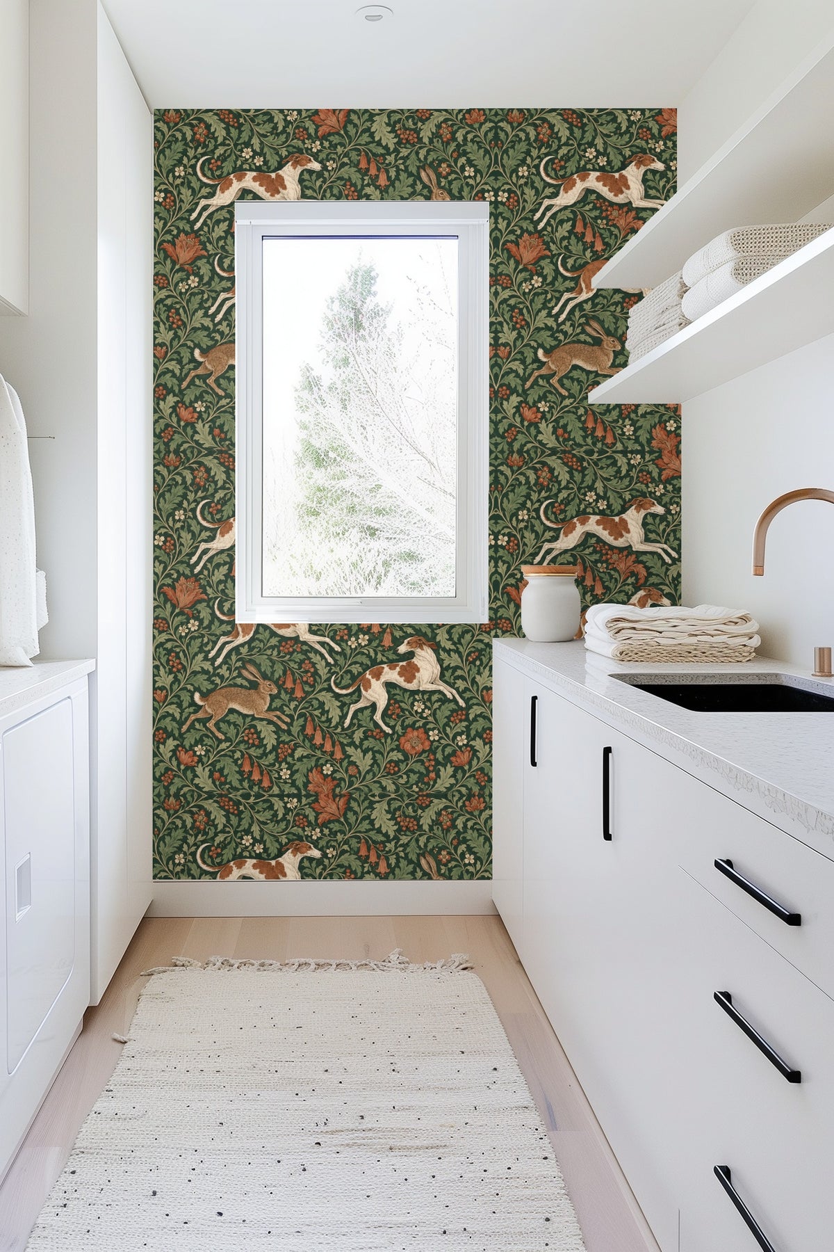 Close-up of hare figure among terracotta floral motifs on green background