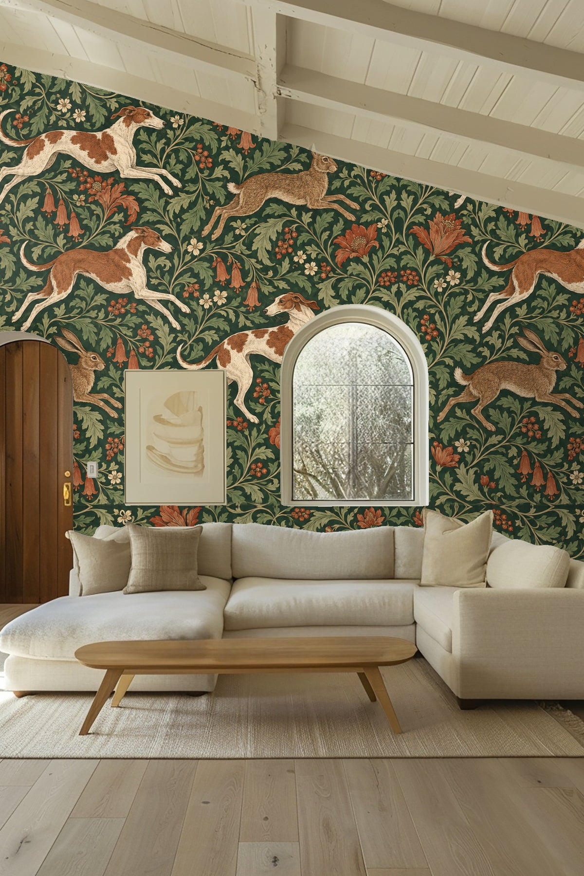 Corner wall transition with Fleetwood Hare and Hound wallpaper pattern