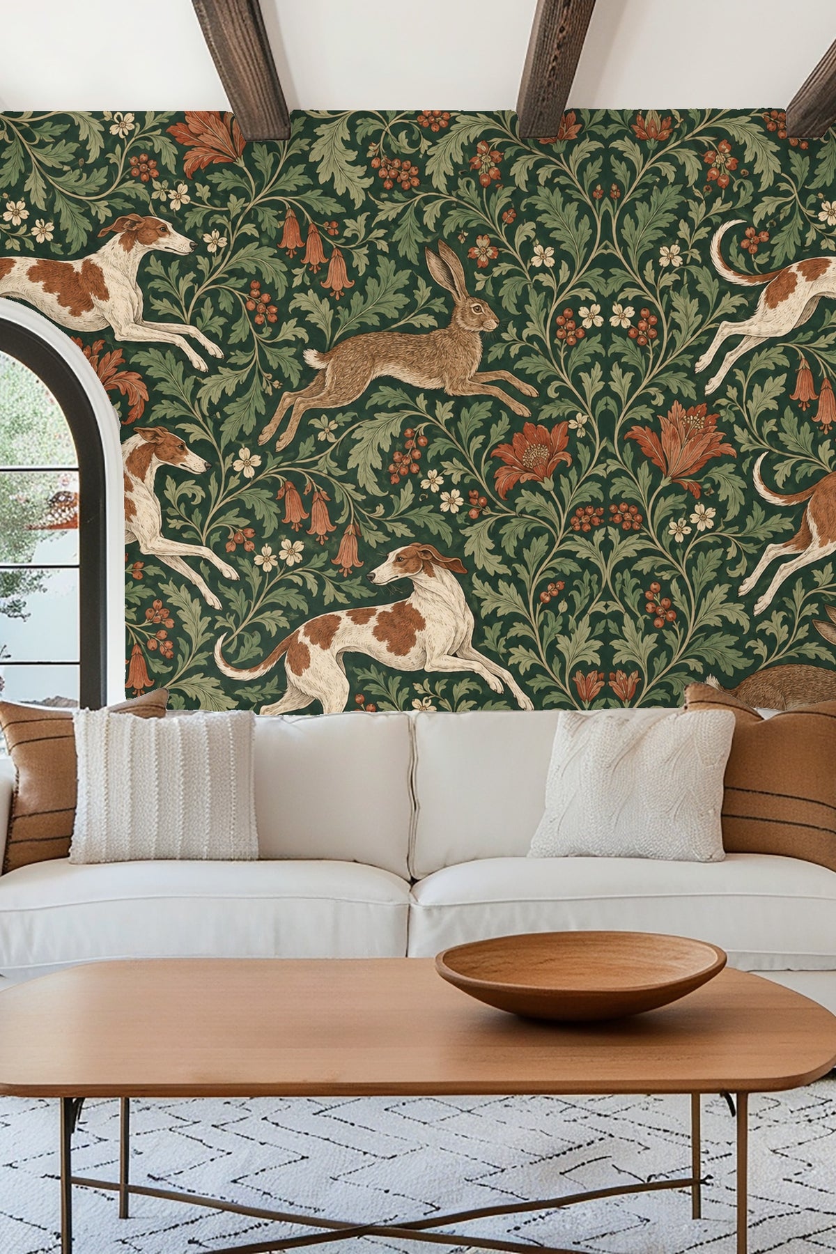 Bedroom with accent wall covered in Fleetwood Hare and Hound wallpaper, featuring green foliage with running dogs and hares