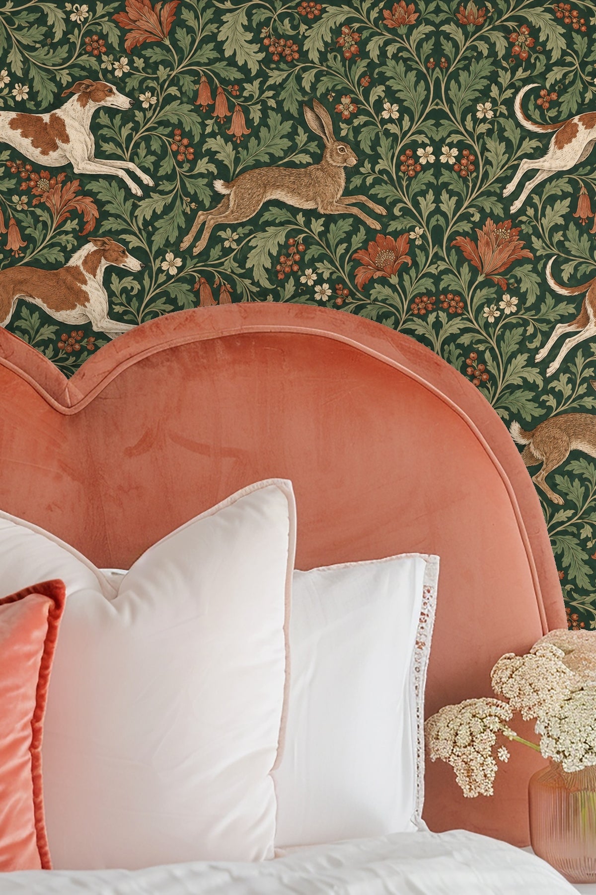 Wallpaper run in a hallway showing scale of dogs and floral motifs