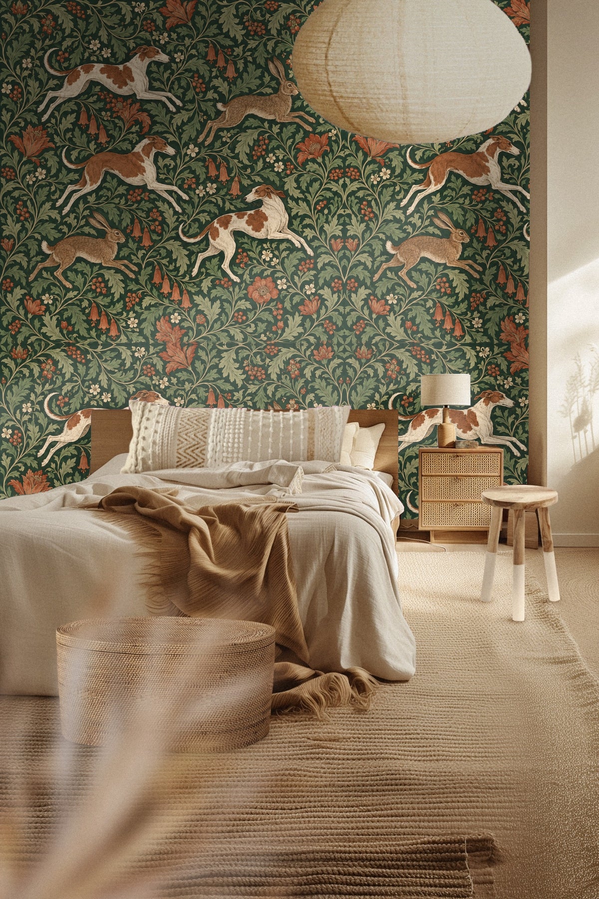 Detailed wallpaper artwork showing running hounds and hares among green leaves and rust-colored flowers
