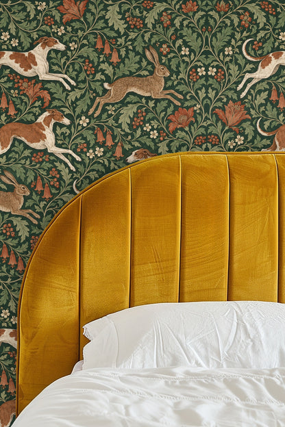Open wooden medicine cabinet with integrated wallpaper background featuring hounds and hares in green and terracotta