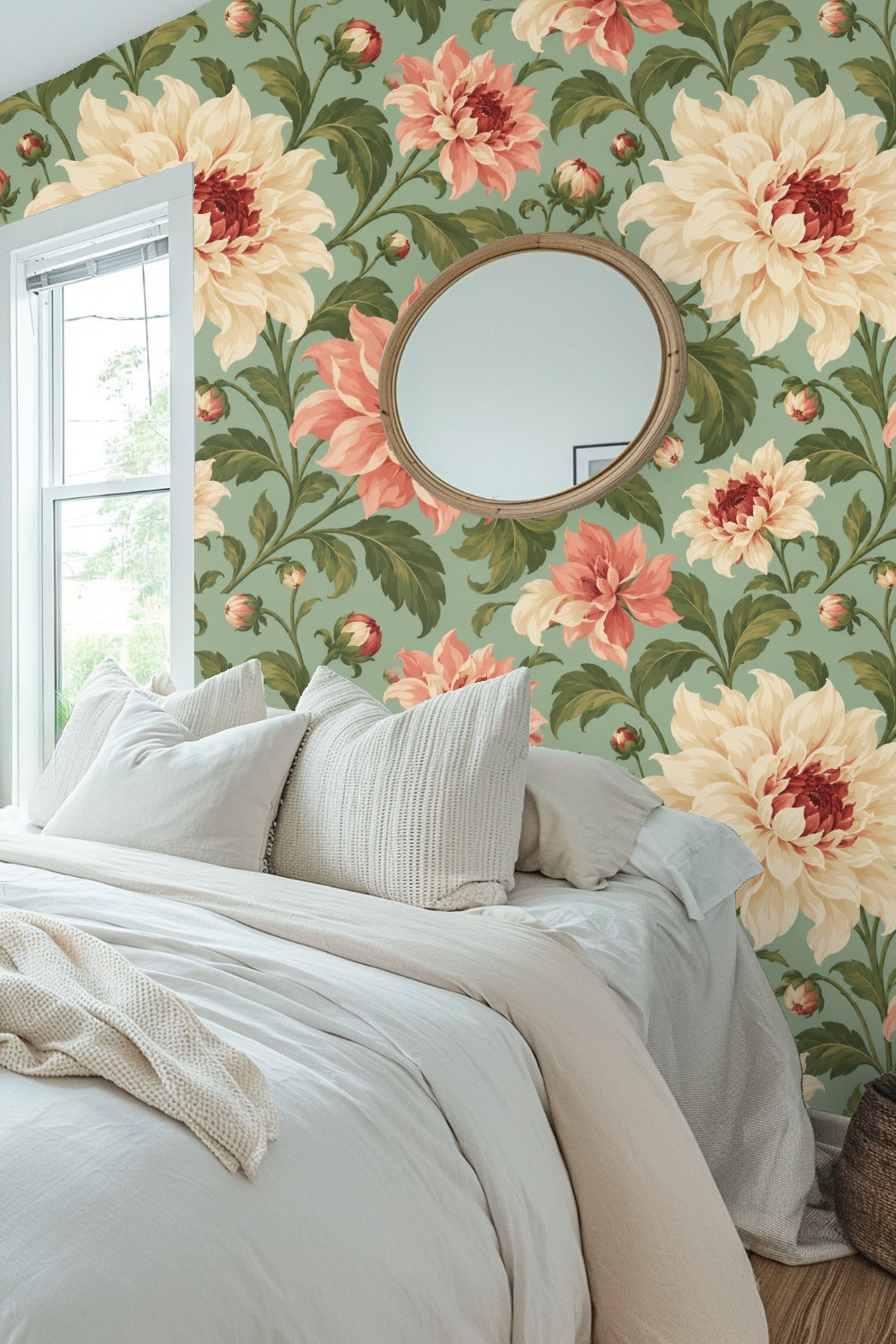 Green leaf cluster with detailed veining on floral wallpaper background