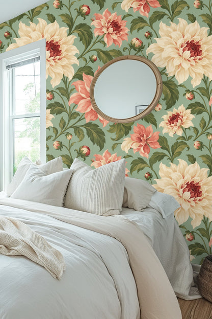 Green leaf cluster with detailed veining on floral wallpaper background