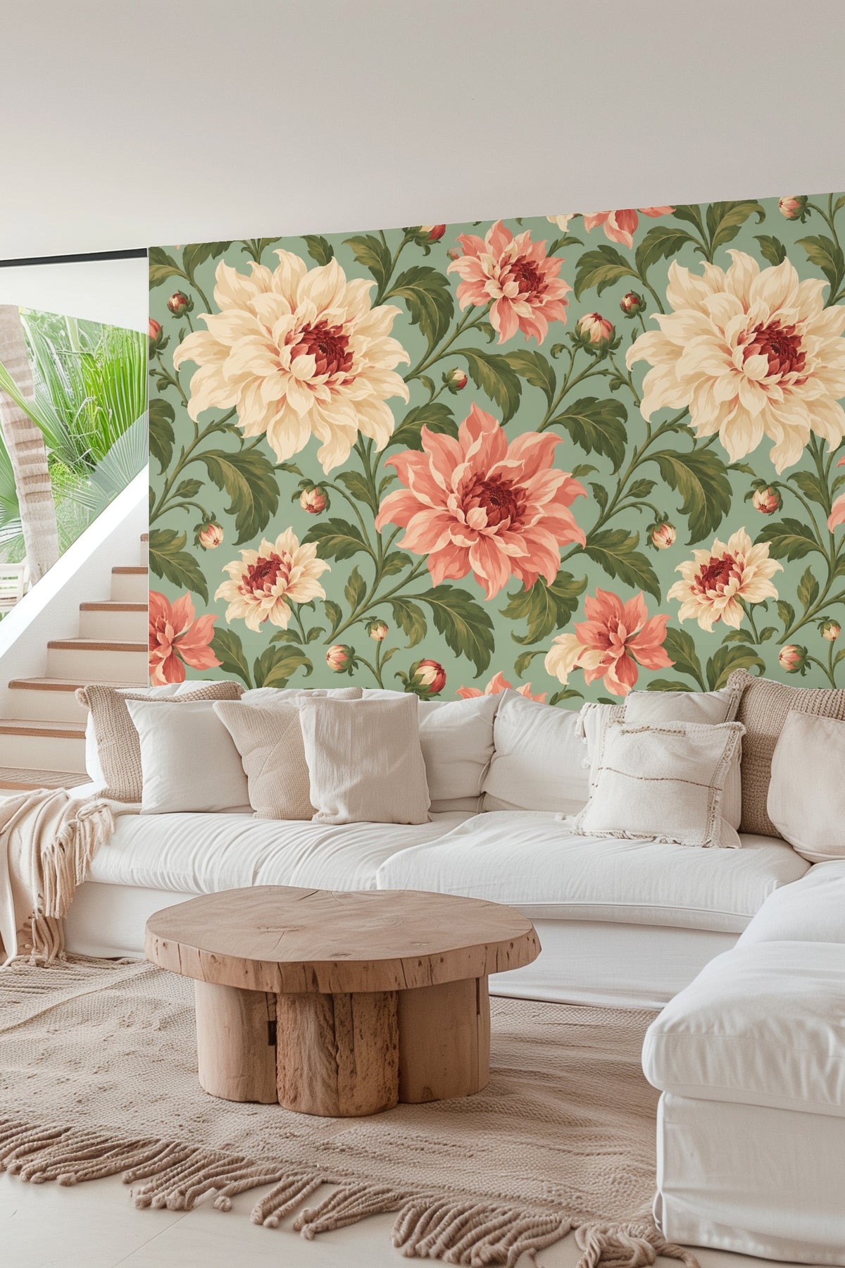 Vintage inspired wallpaper mural with painterly floral design in muted greens and warm florals