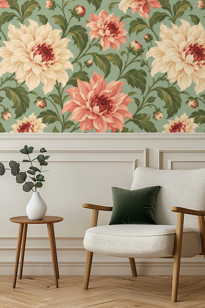 Living room with vaulted ceiling featuring a large-scale dahlia floral wallpaper in coral, cream, and green hues on the main wall behind a l