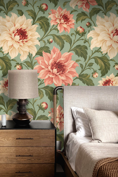 Large floral wallpaper pattern showing a full cream dahlia flower with surrounding coral blooms