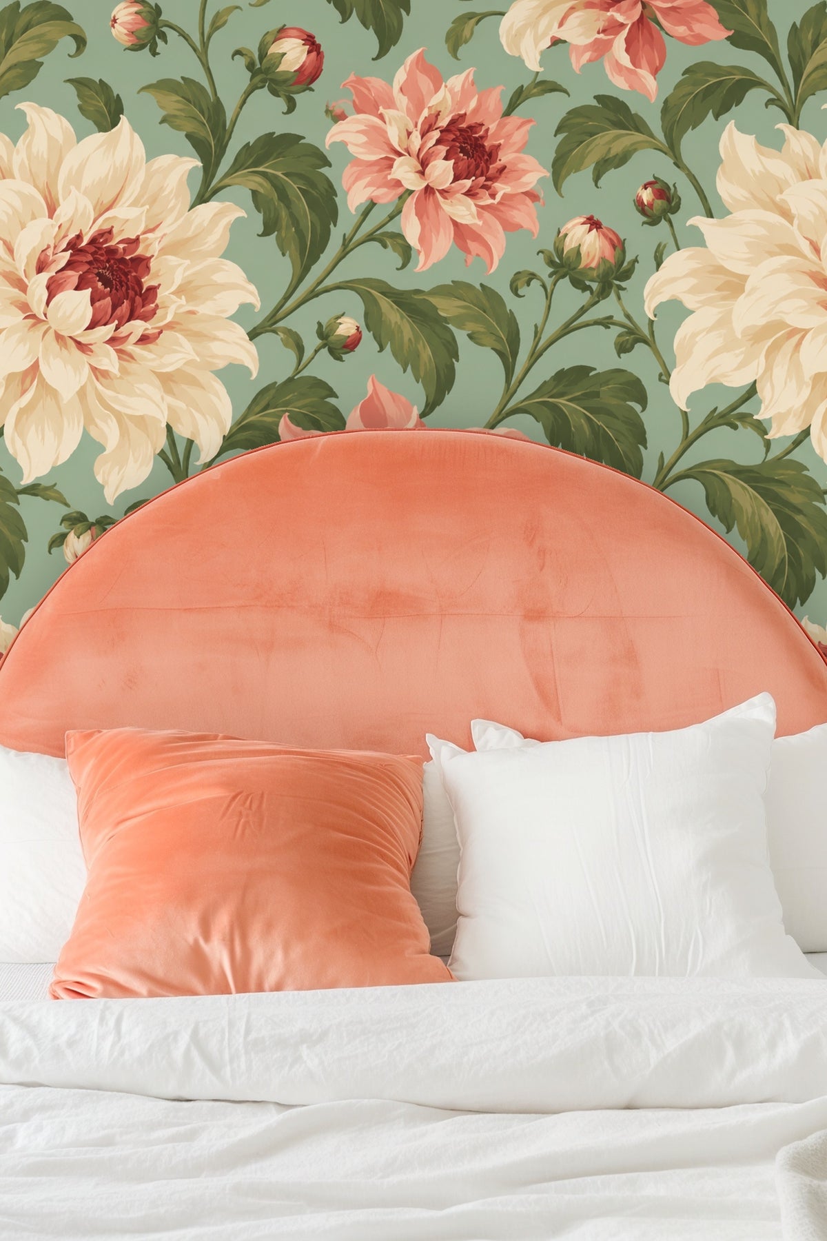 Detail of coral and cream dahlia flower with layered petals and textured brushstrokes