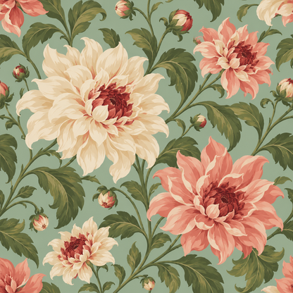 Segment of wallpaper showing intertwined floral stems and buds in natural green shades