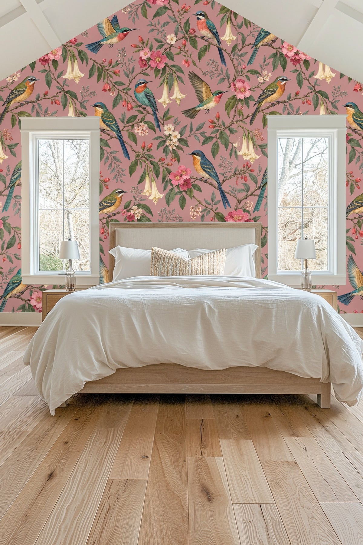 Living room vignette with blanket ladder against wallpaper of colorful songbirds and botanical motifs