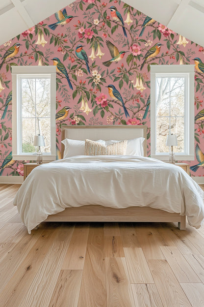 Living room vignette with blanket ladder against wallpaper of colorful songbirds and botanical motifs