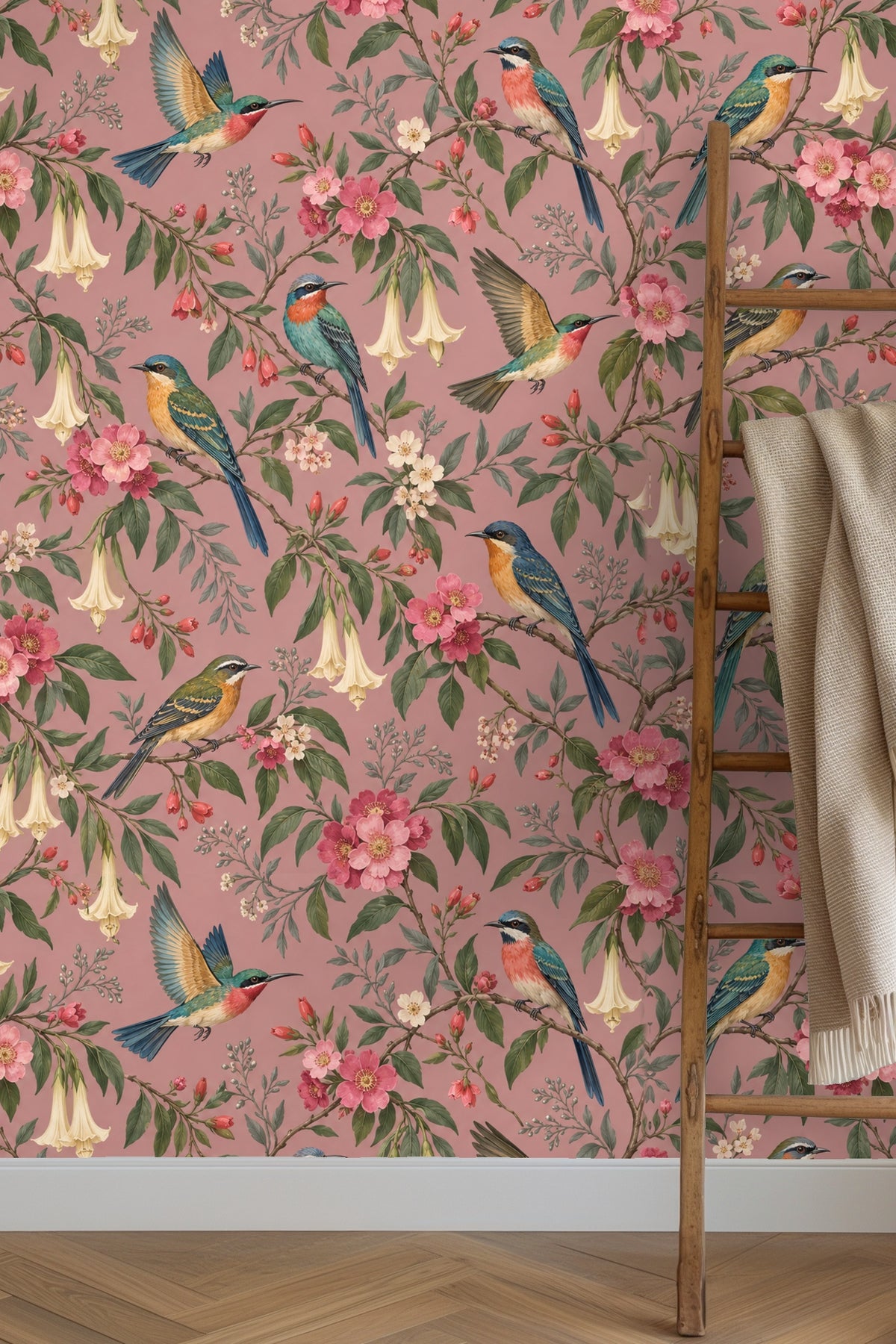 Wallpaper detailed view showing birds perched among pink blossoms and trumpet flowers on dusty rose background