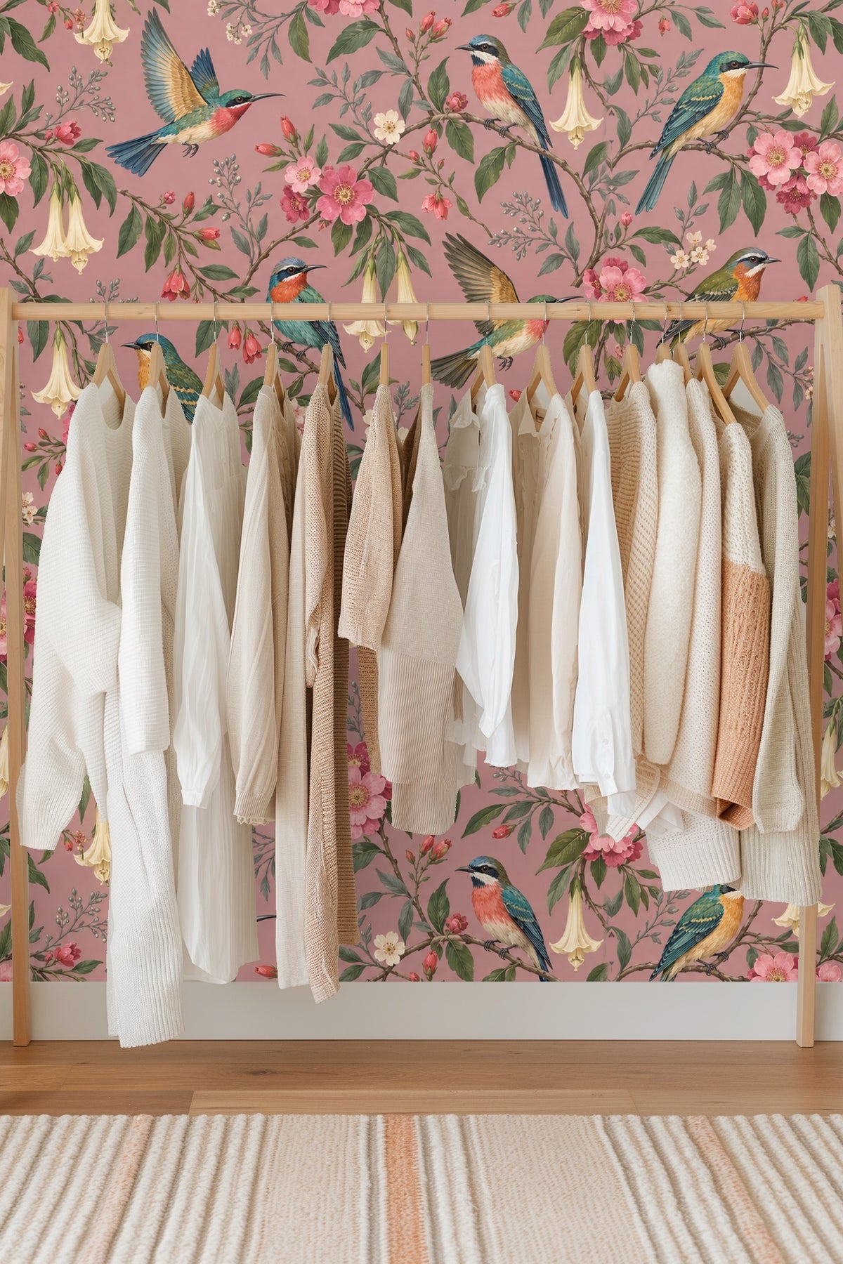Detail of flying hummingbird with soft pink flower buds and green foliage on dusty rose wallpaper