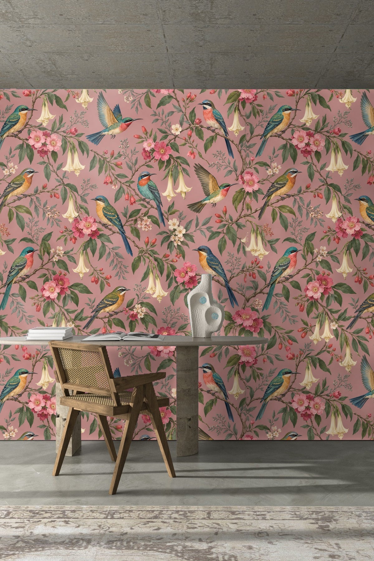 Detailed view of flower clusters and birds with crisp natural illustration style on warm dusty rose