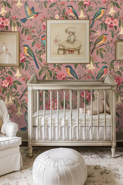 Partial wall with ladder and blanket showing scale of botanical bird wallpaper