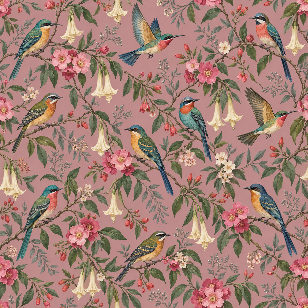 Birds perched on twigs amid layered floral pattern in vintage palette on interior wall