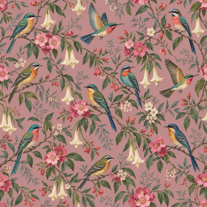 Birds perched on twigs amid layered floral pattern in vintage palette on interior wall