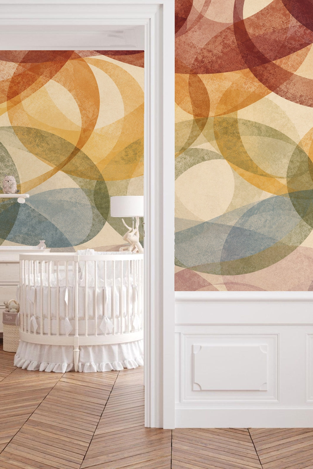 Living room corner featuring warm overlay loops in red, yellow ochre, muted green, and blue tones