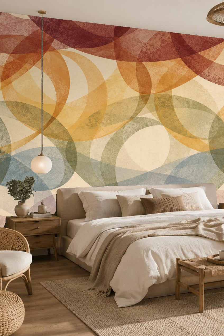 Bedroom featuring terracotta and ochre layered loop wallpaper behind bed with neutral bedding and wooden furniture