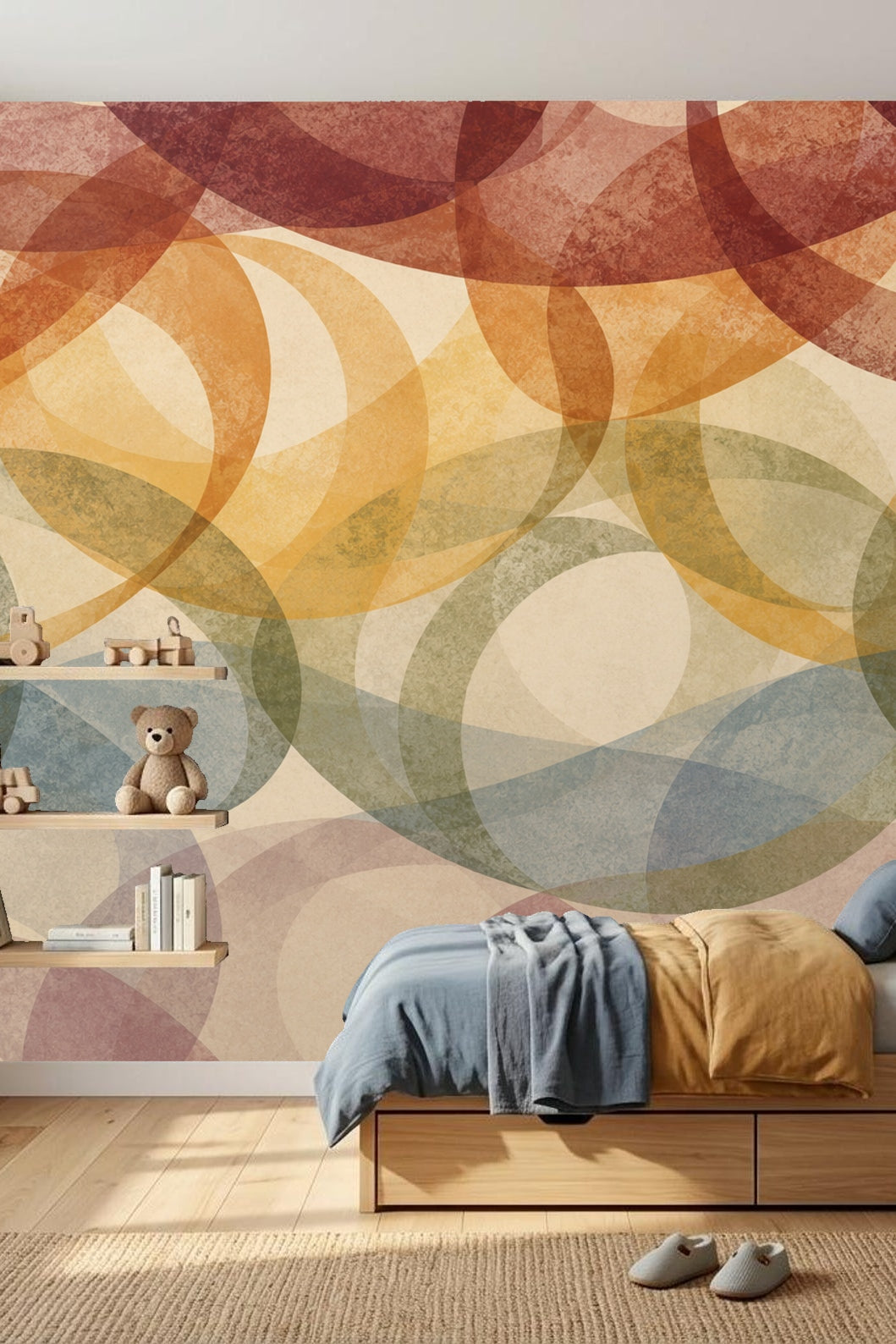 Fine texture visible in abstract repeating elliptical pattern with warm and muted palette