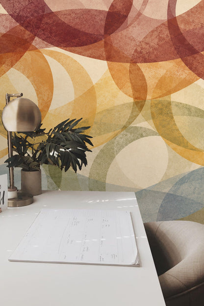 Close-up of textured semi-transparent layered loops in warm terracotta and soft ochre hues